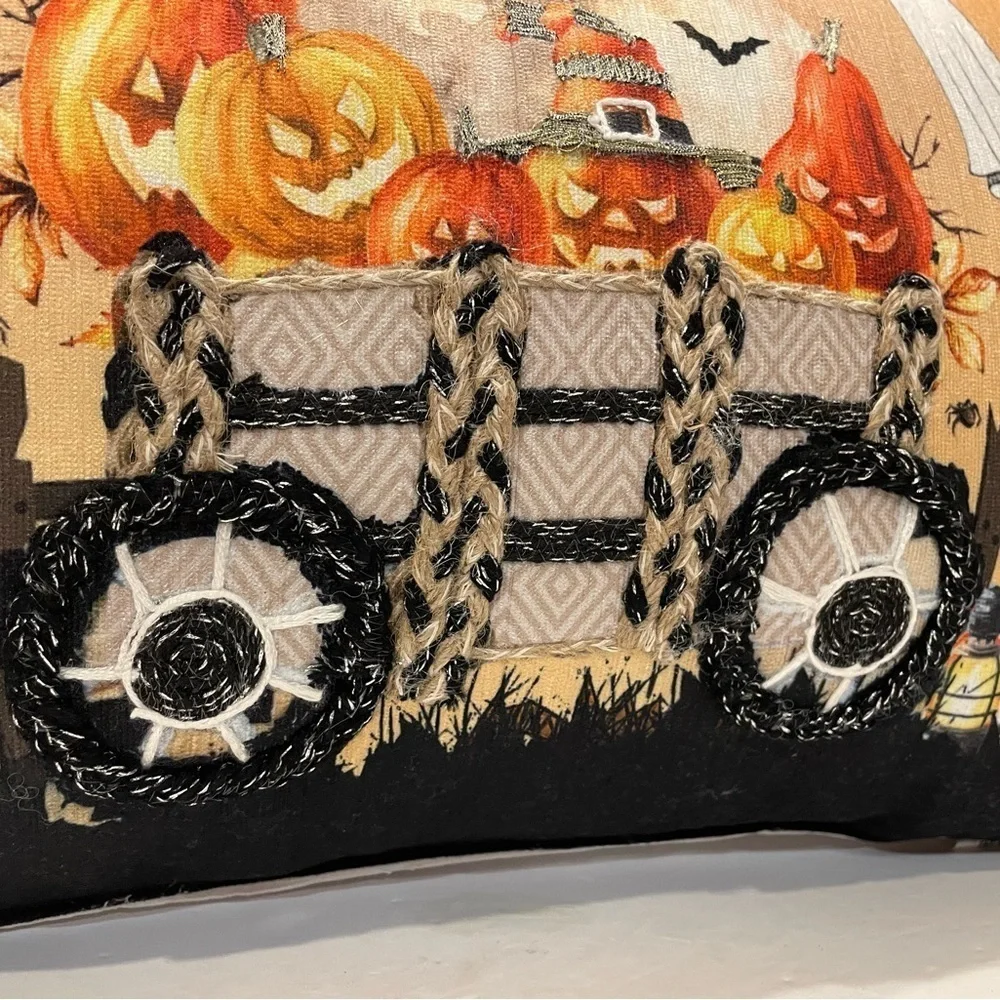 Halloween Decorative Scenic Pillow 14”x20” Bat Pumpkin Ghost Wagon NWT
